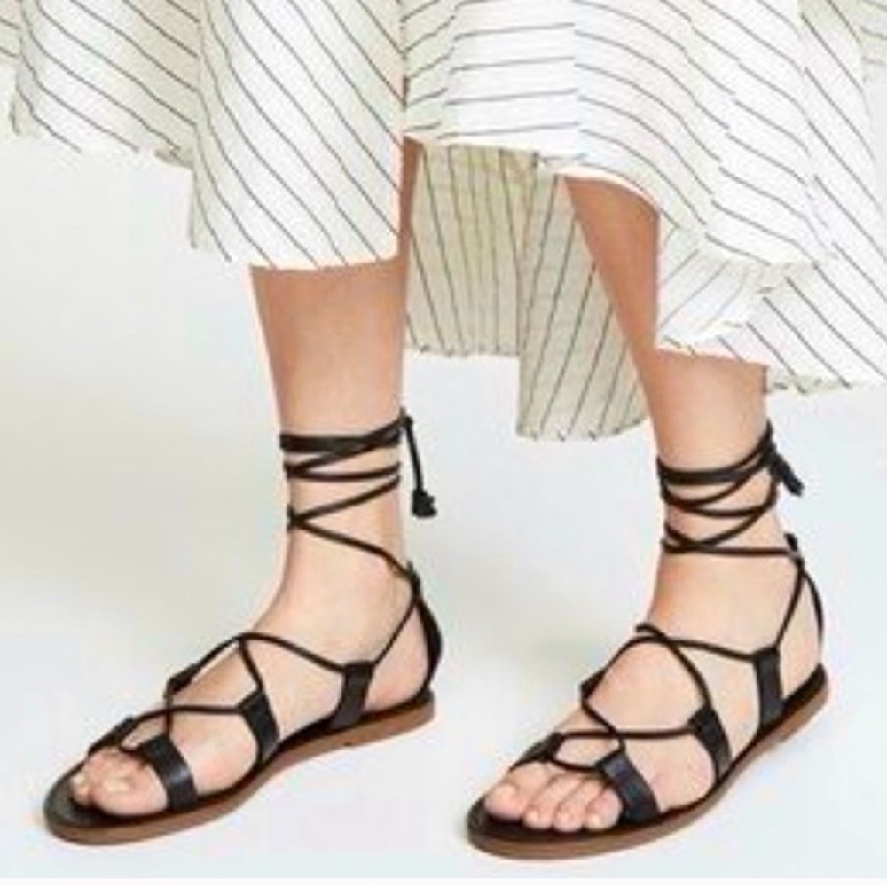 Madewell New Black Leather Strappy Tie Flats Sandals Women’s Size 6